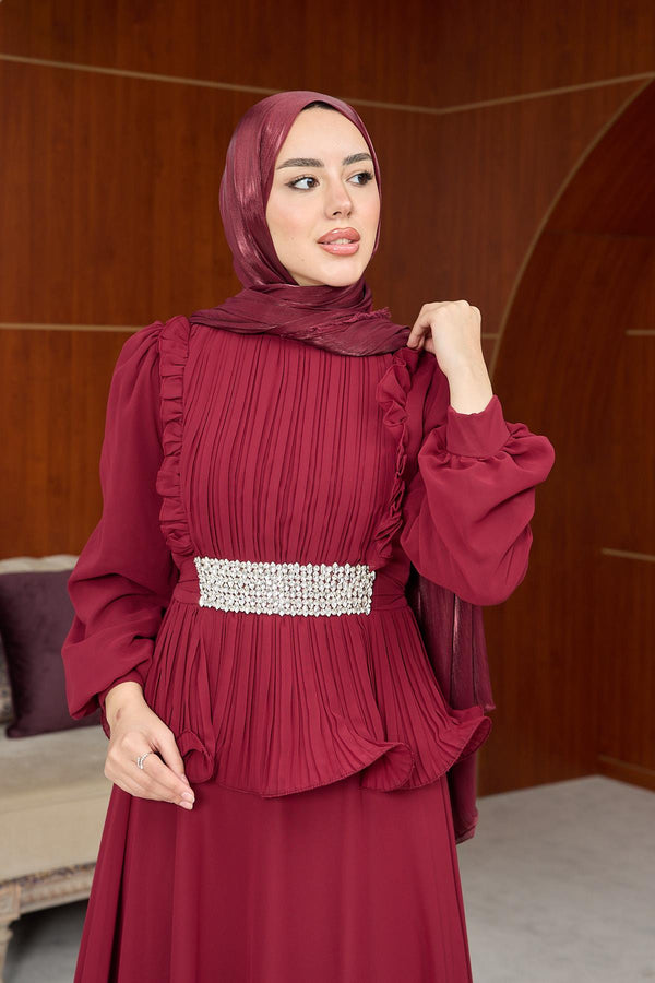 Sare taş detaylı Abiye bordo