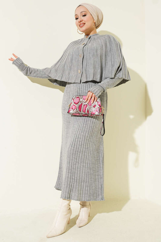 Düğmeli Pelerinli Triko Elbise Takım açık gri