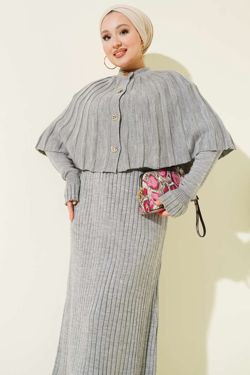 Düğmeli Pelerinli Triko Elbise Takım açık gri