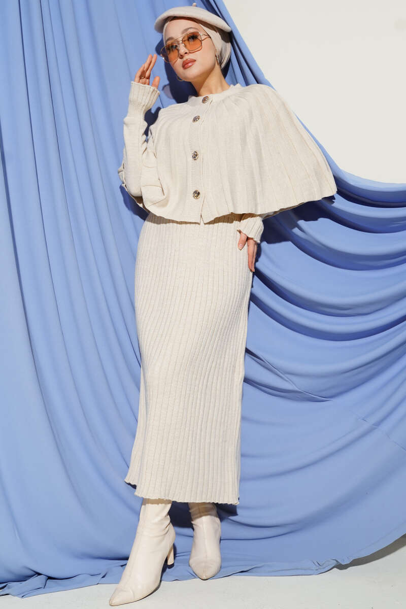 Düğmeli Pelerinli Triko Elbise Takım  taş