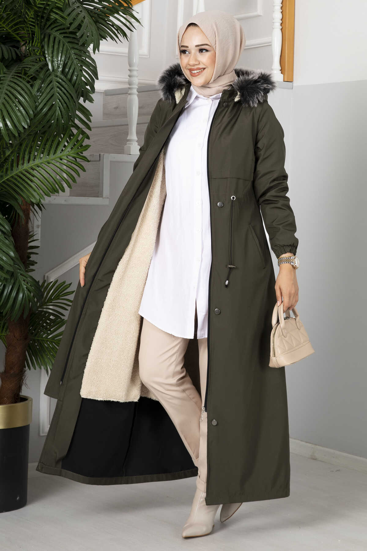 İçi yünlü yağmur kumaş Manto haki