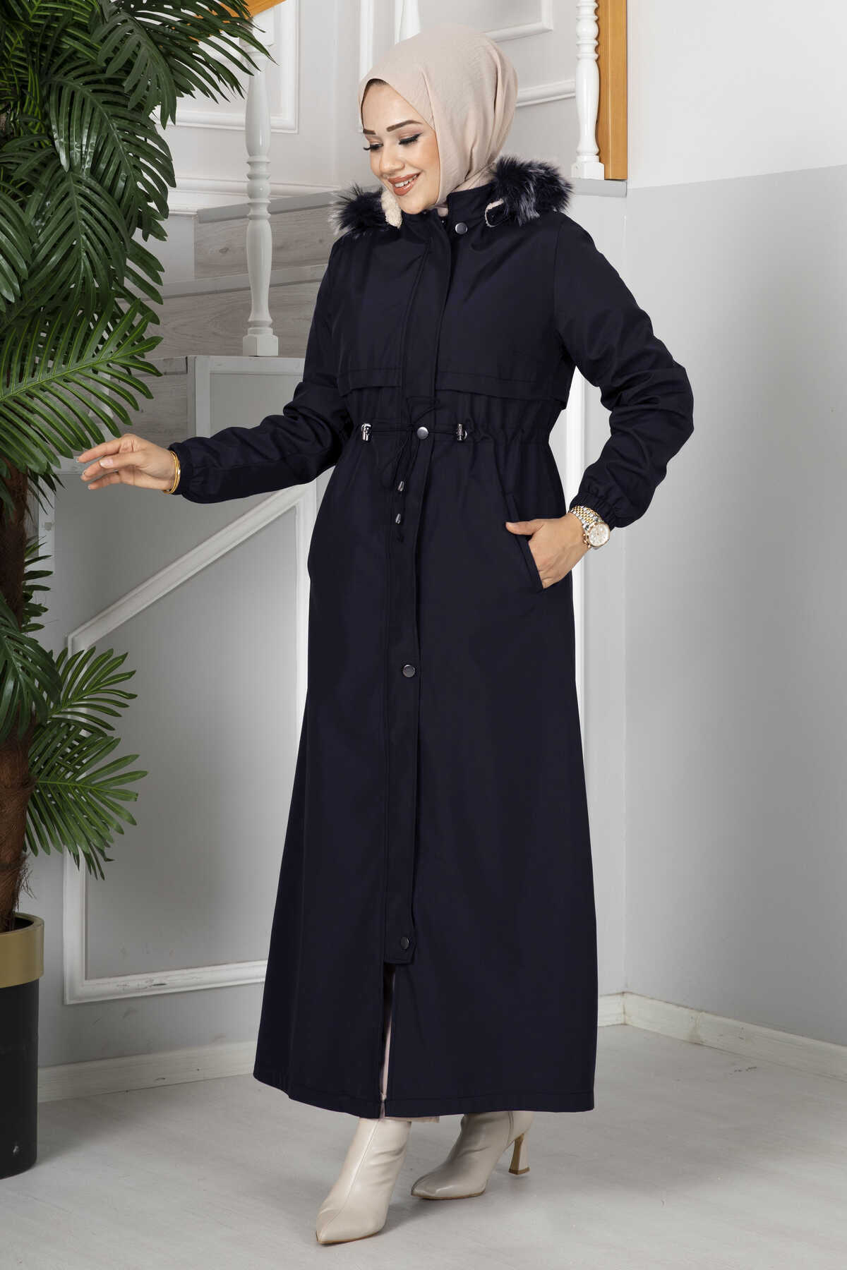 İçi yünlü yağmur kumaş Manto Lacivert