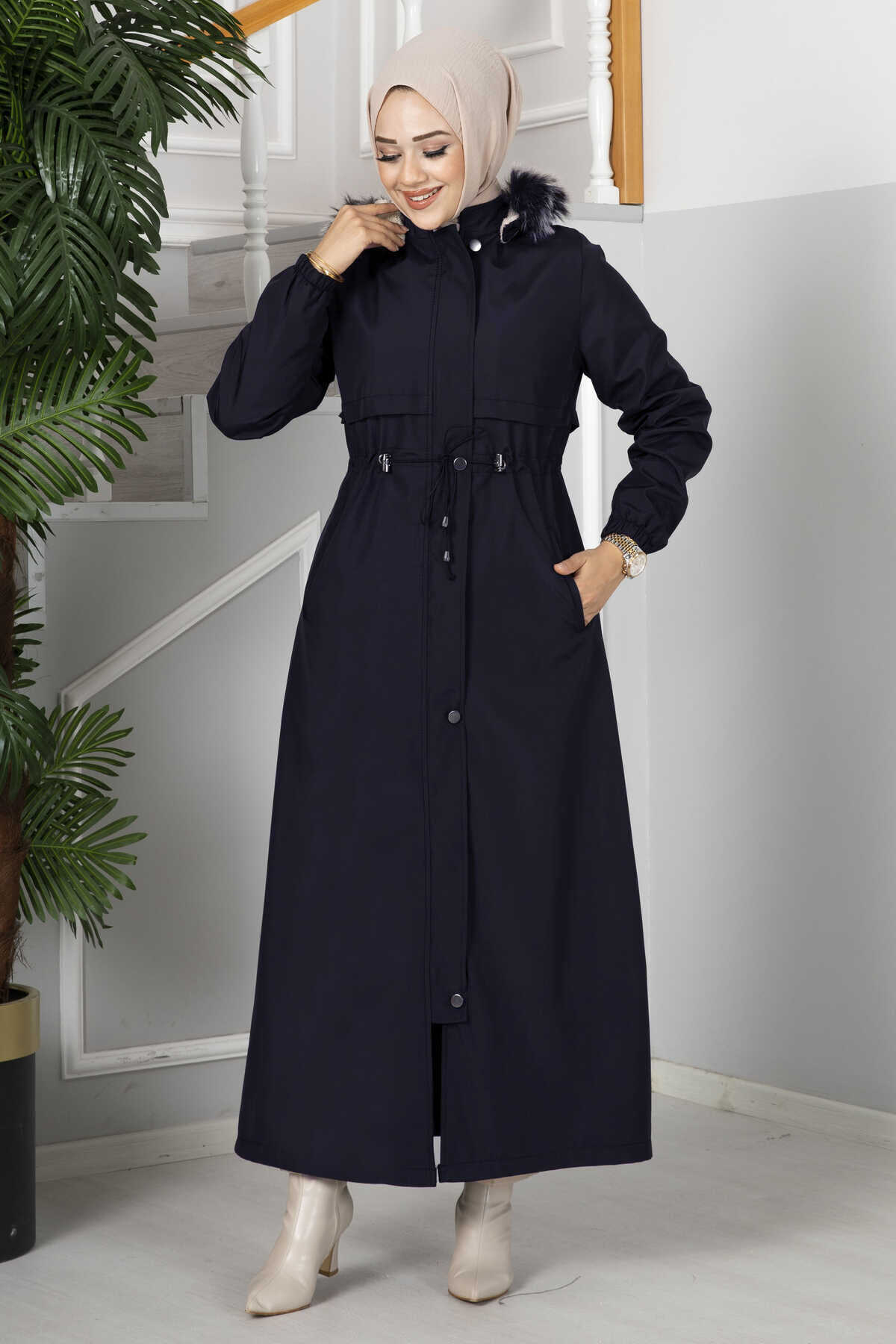 İçi yünlü yağmur kumaş Manto Lacivert