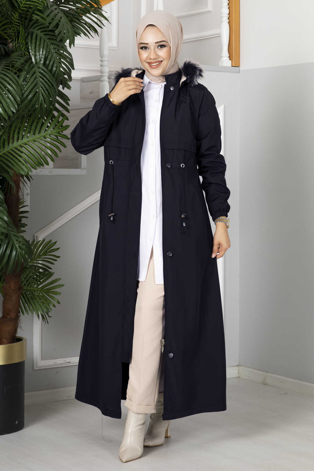 İçi yünlü yağmur kumaş Manto Lacivert