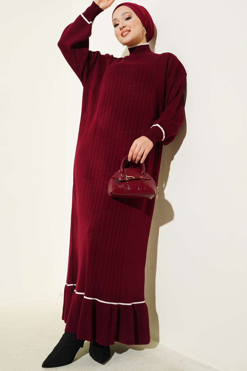 Etek Ucu Fırfır Detaylı Triko Elbise bordo