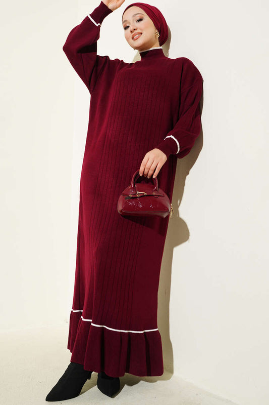 Etek Ucu Fırfır Detaylı Triko Elbise bordo