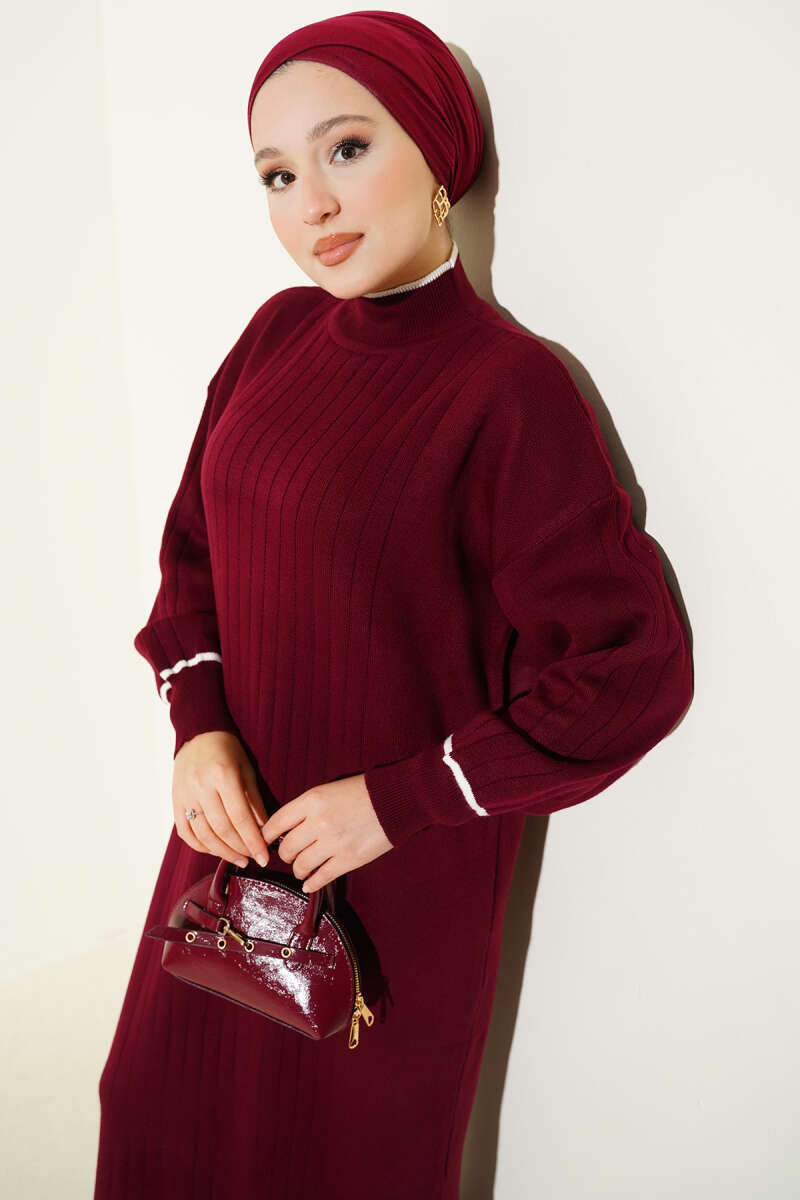 Etek Ucu Fırfır Detaylı Triko Elbise bordo