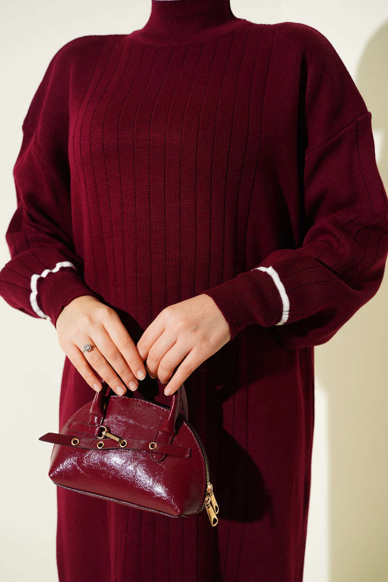 Etek Ucu Fırfır Detaylı Triko Elbise bordo