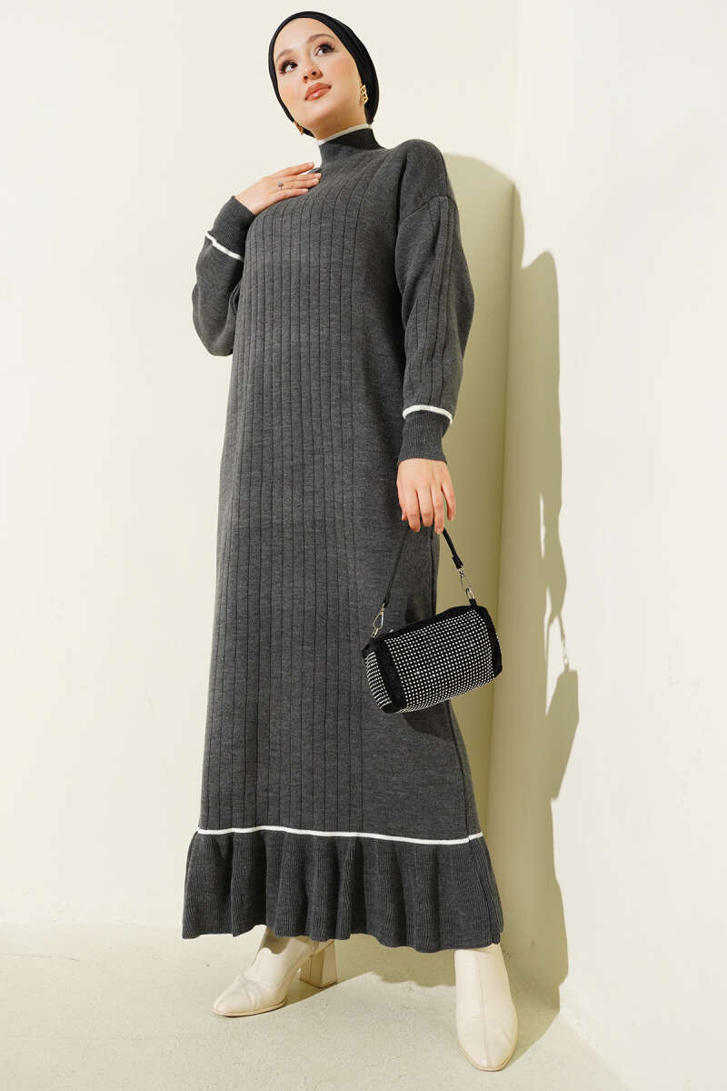 Etek Ucu Fırfır Detaylı Triko Elbise gri