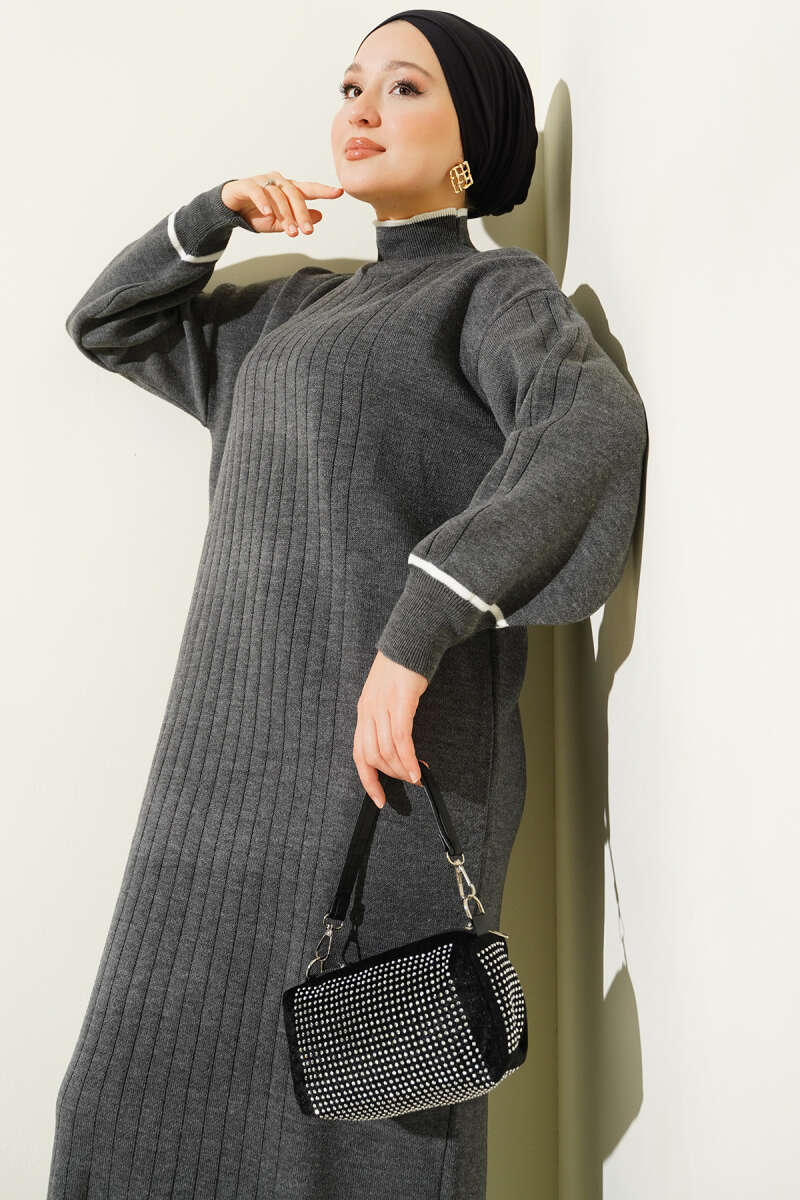 Etek Ucu Fırfır Detaylı Triko Elbise gri