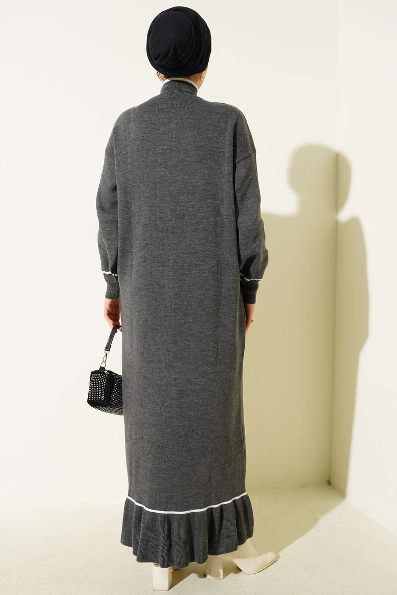 Etek Ucu Fırfır Detaylı Triko Elbise gri