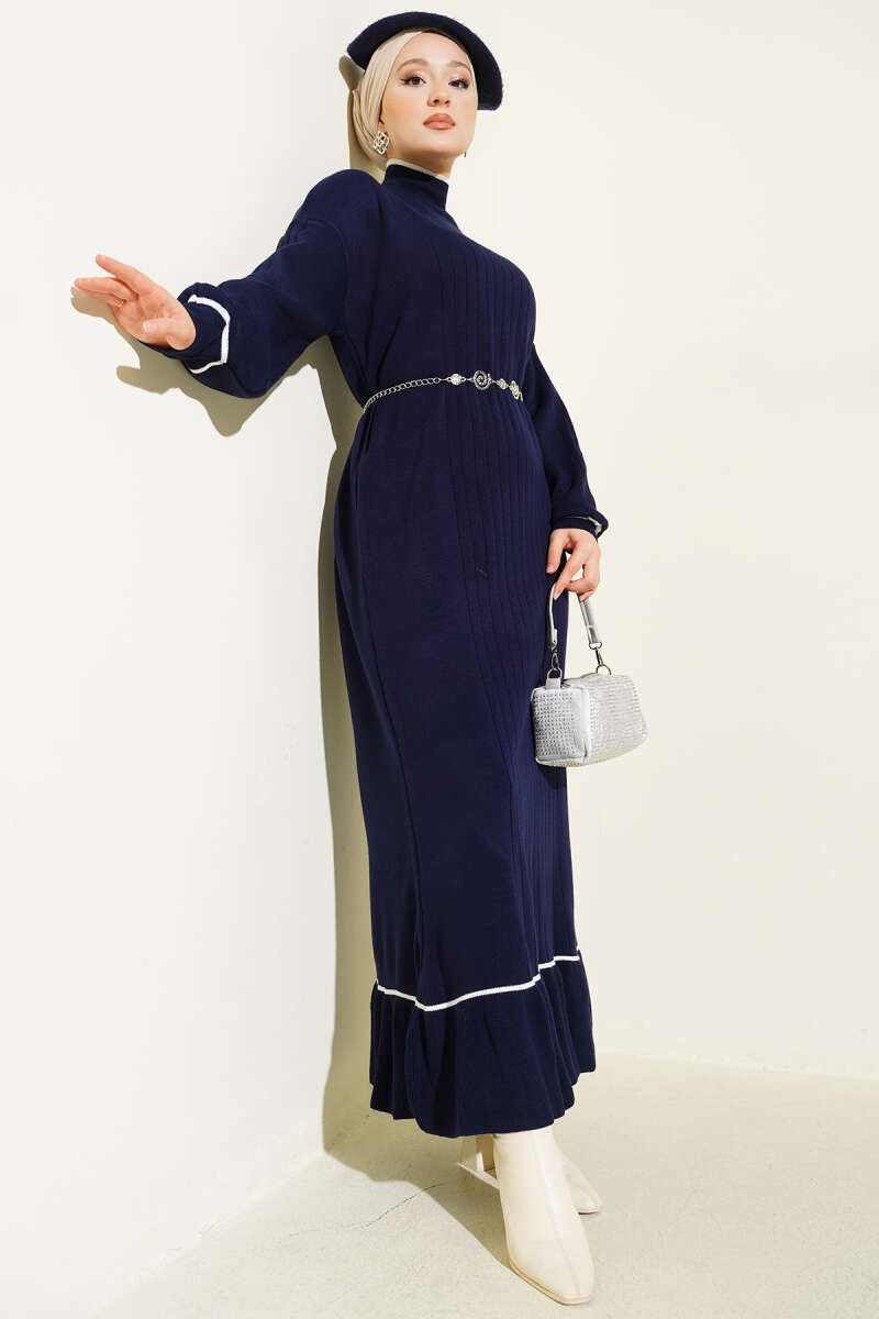 Etek Ucu Fırfır Detaylı Triko Elbise Lacivert
