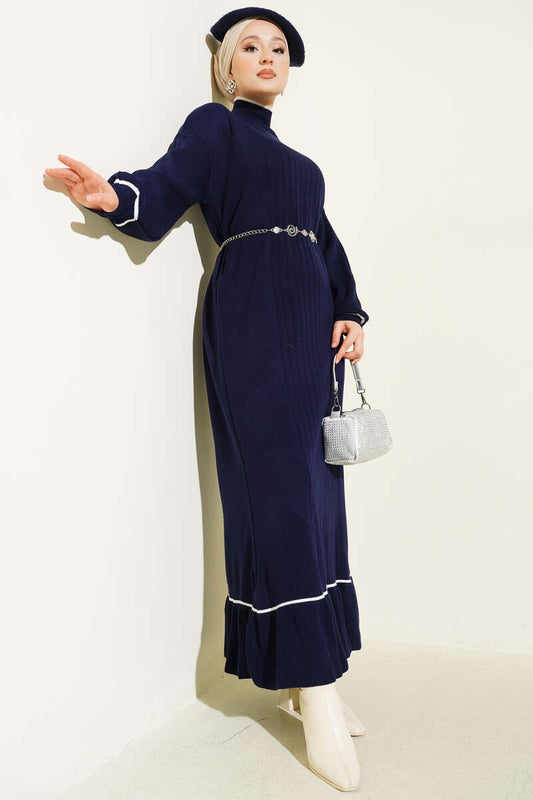 Etek Ucu Fırfır Detaylı Triko Elbise Lacivert