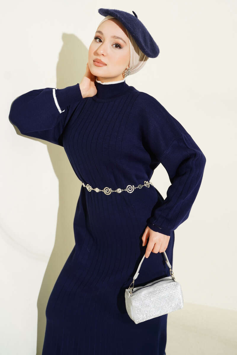 Etek Ucu Fırfır Detaylı Triko Elbise Lacivert