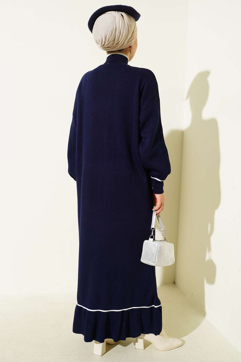 Etek Ucu Fırfır Detaylı Triko Elbise Lacivert