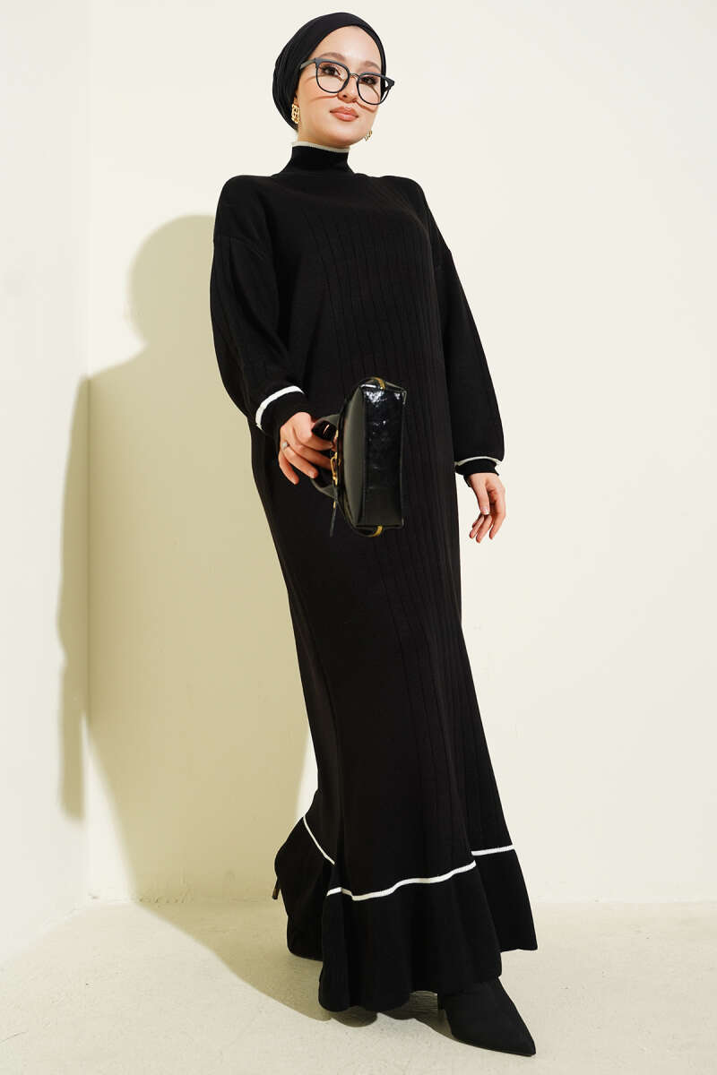 Etek Ucu Fırfır Detaylı Triko Elbise siyah