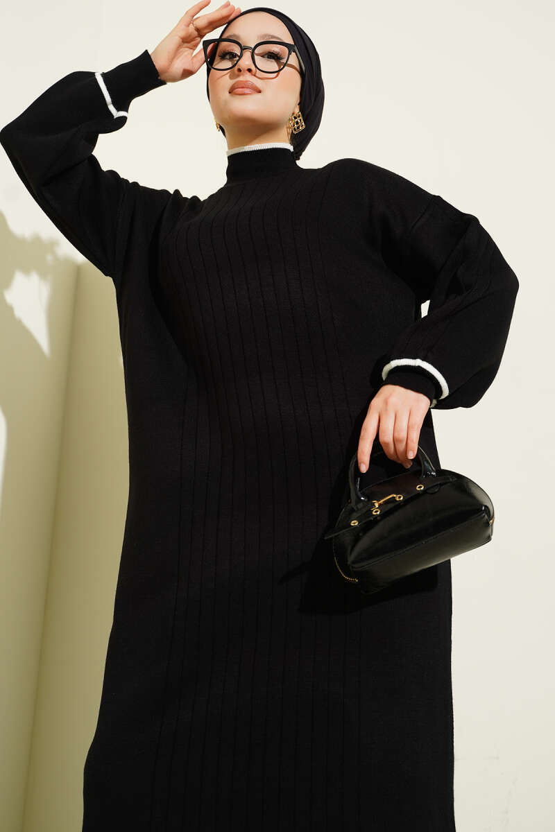 Etek Ucu Fırfır Detaylı Triko Elbise siyah