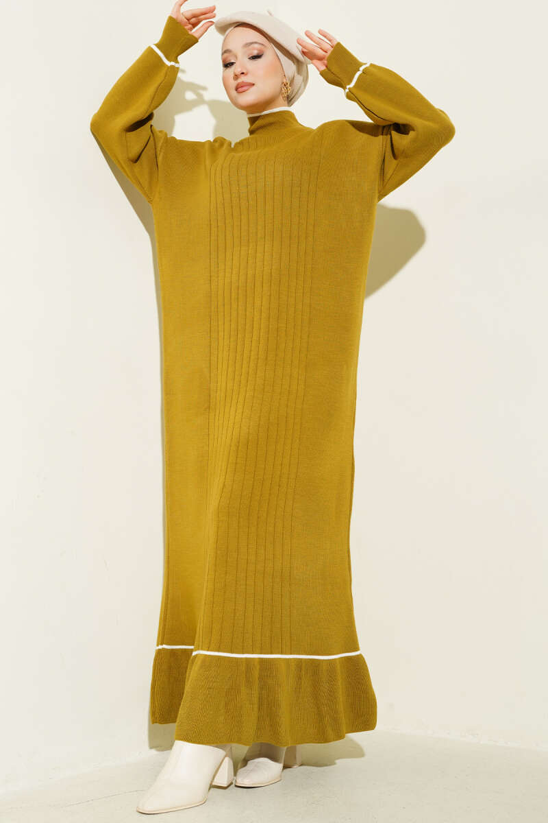 Etek Ucu Fırfır Detaylı Triko Elbise yağ yeşili