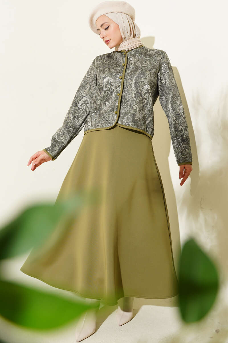 Etnik Desenli Scuba Etekli İkili Takım haki