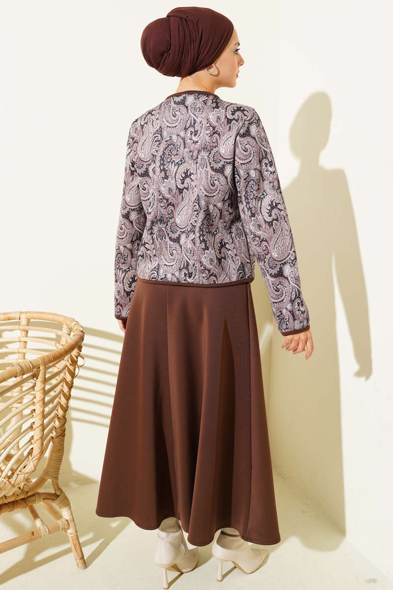 Etnik Desenli Scuba Etekli İkili Takım kahverengi