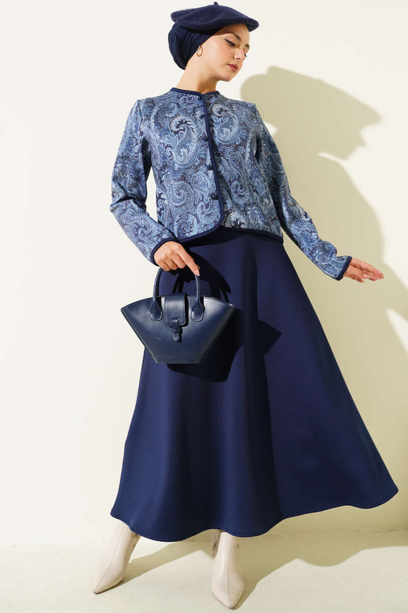 Etnik Desenli Scuba Etekli İkili Takım lacivert