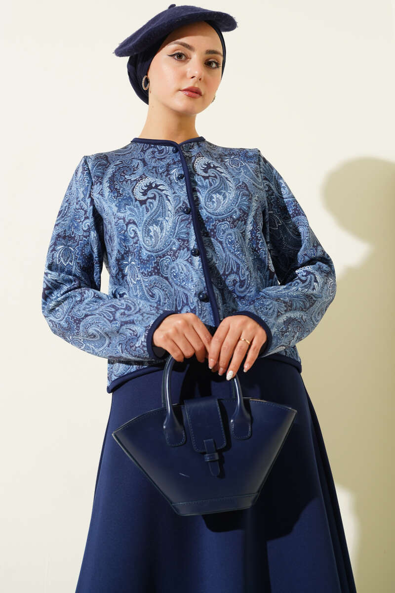 Etnik Desenli Scuba Etekli İkili Takım lacivert