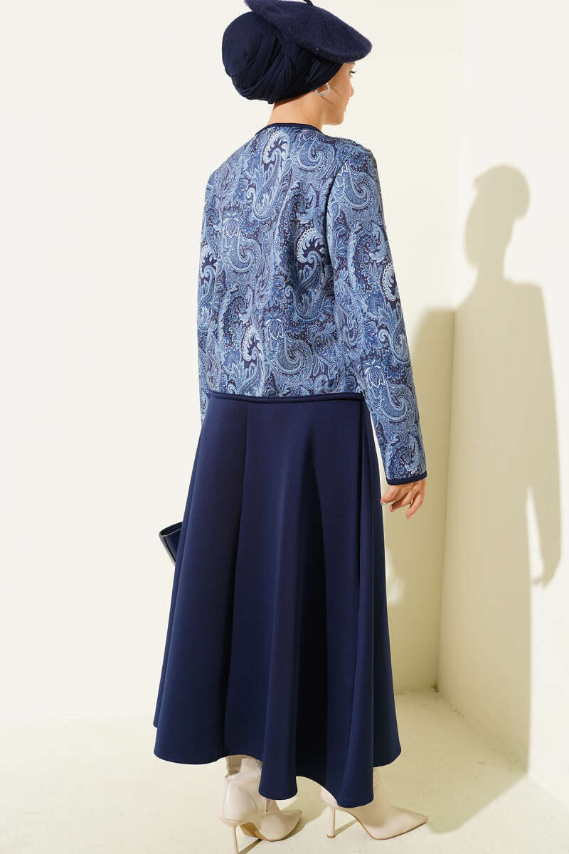 Etnik Desenli Scuba Etekli İkili Takım lacivert