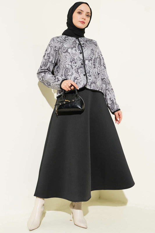 Etnik Desenli Scuba Etekli İkili Takım siyah