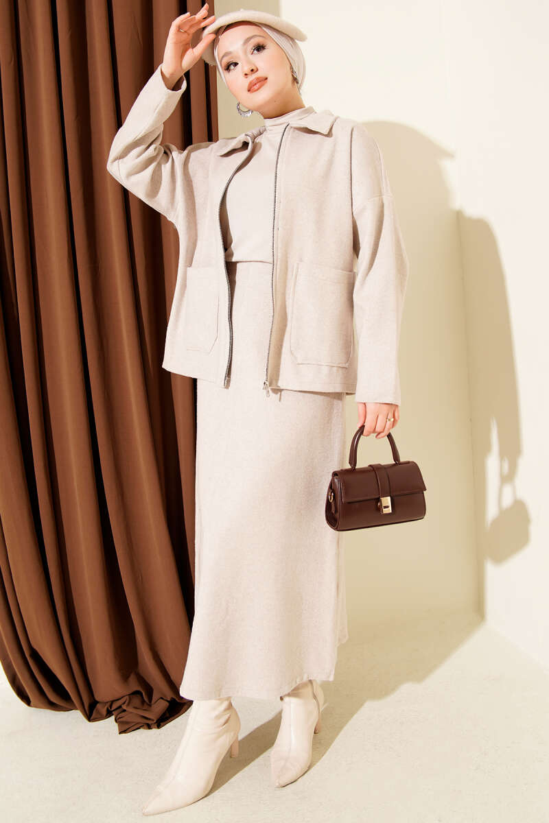 Two-Piece Set with Zippered Pockets, Wool Skirt, Beige