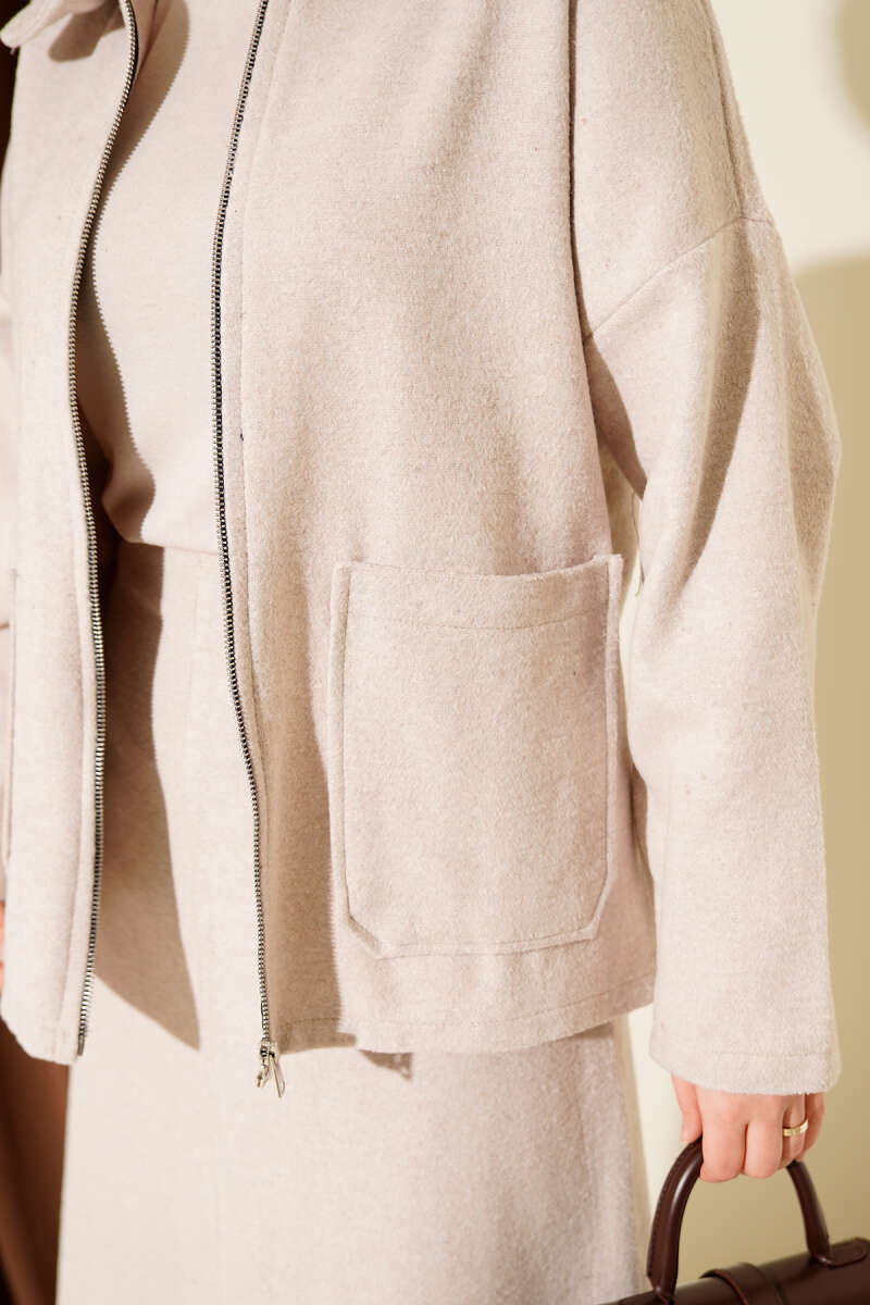 Two-Piece Set with Zippered Pockets, Wool Skirt, Beige