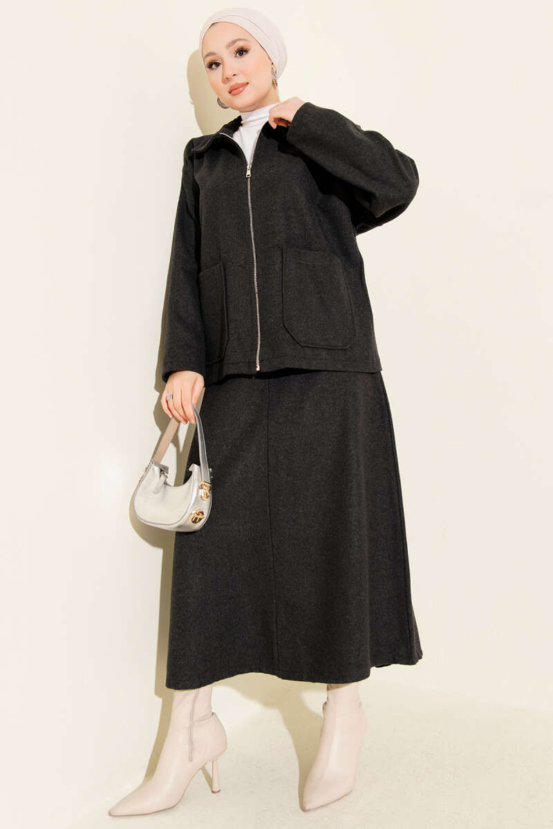 Ensemble Deux Pièces avec Jupe en Laine à Poches Fermées Fumé