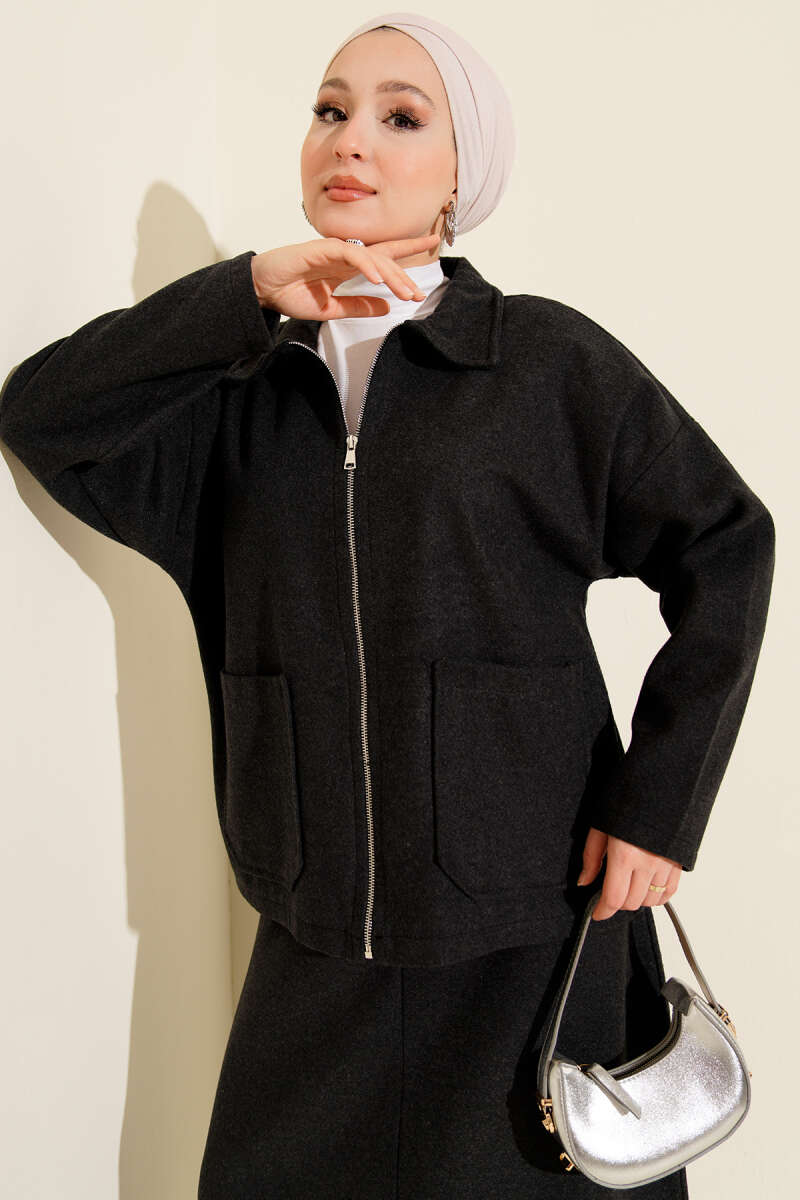 Ensemble Deux Pièces avec Jupe en Laine à Poches Fermées Fumé