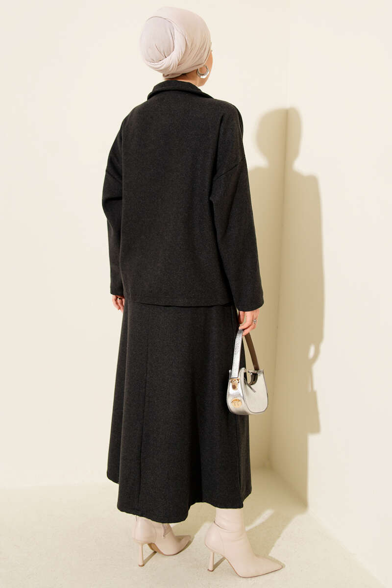 Ensemble Deux Pièces avec Jupe en Laine à Poches Fermées Fumé