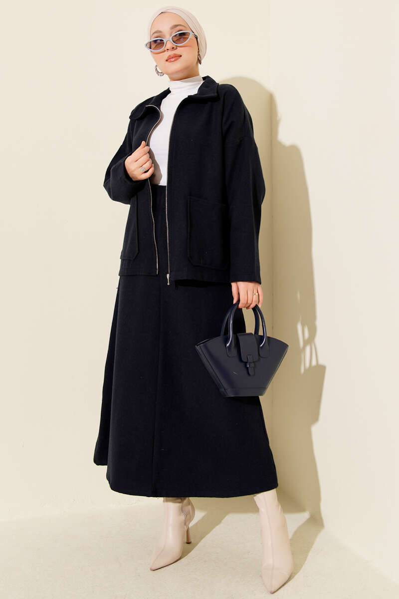 Double Set with Zippered Pockets and Wool Skirt Navy Blue