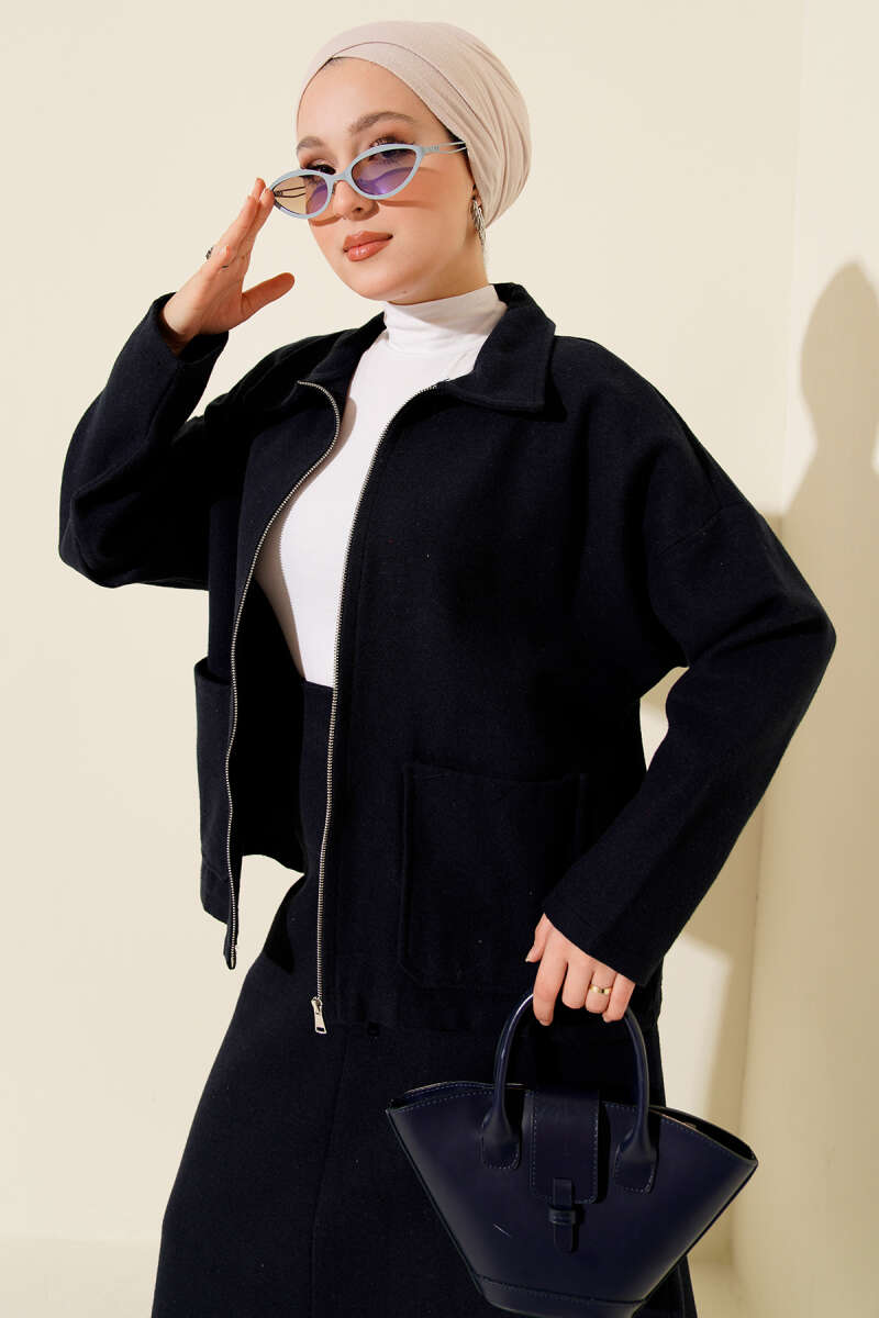 Double Set with Zippered Pockets and Wool Skirt Navy Blue