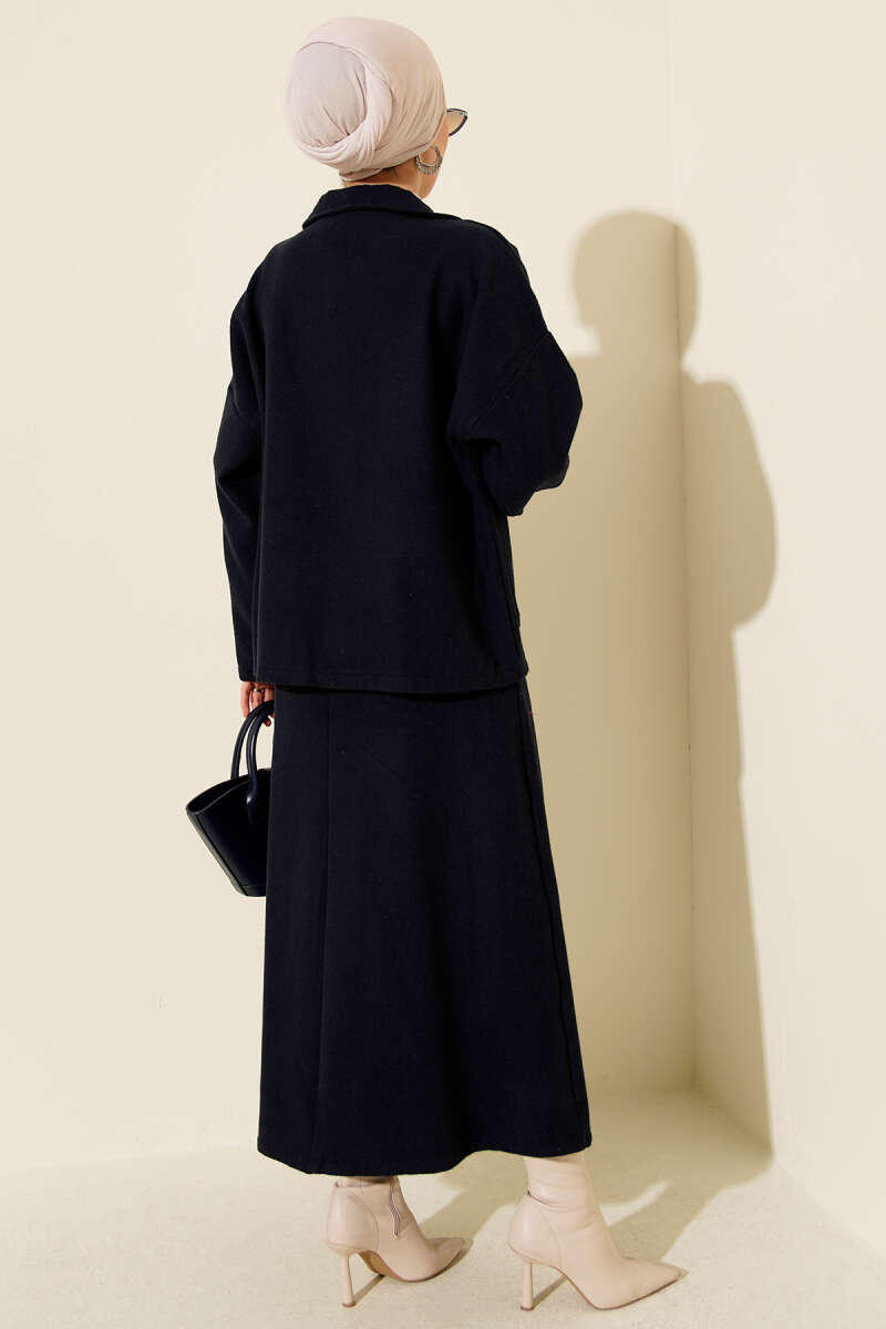 Double Set with Zippered Pockets and Wool Skirt Navy Blue