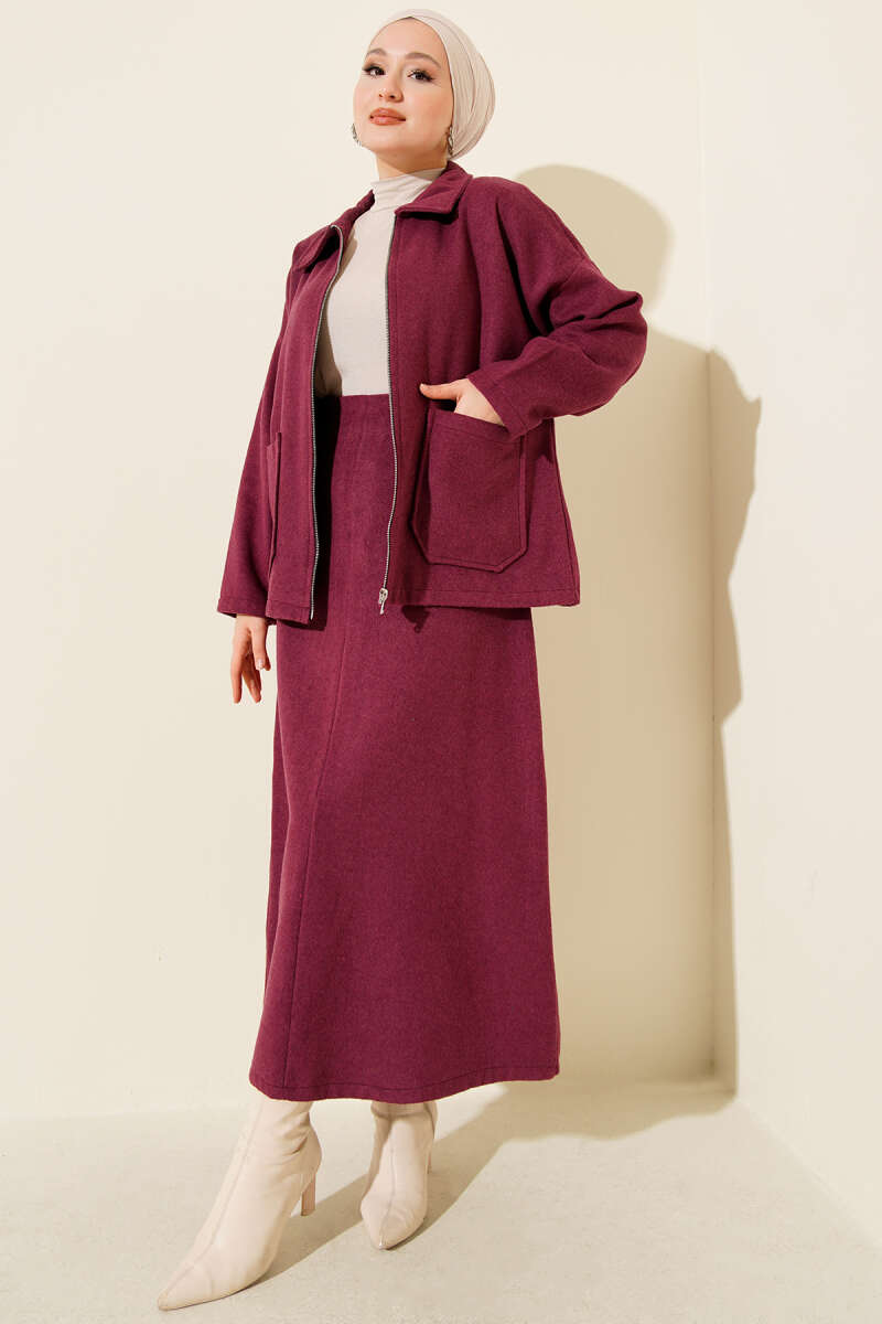 Ensemble double avec jupe en laine à poches zippées magenta