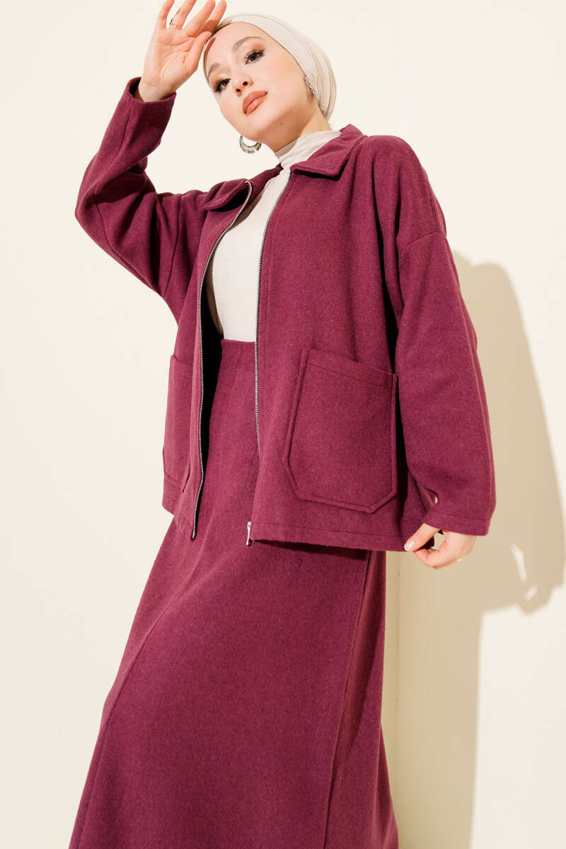 Ensemble double avec jupe en laine à poches zippées magenta