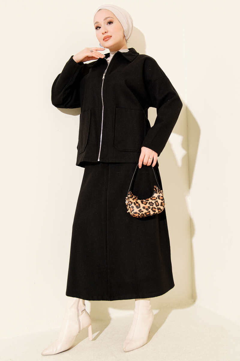 Ensemble deux pièces avec jupe en lainage à poches zippées noir