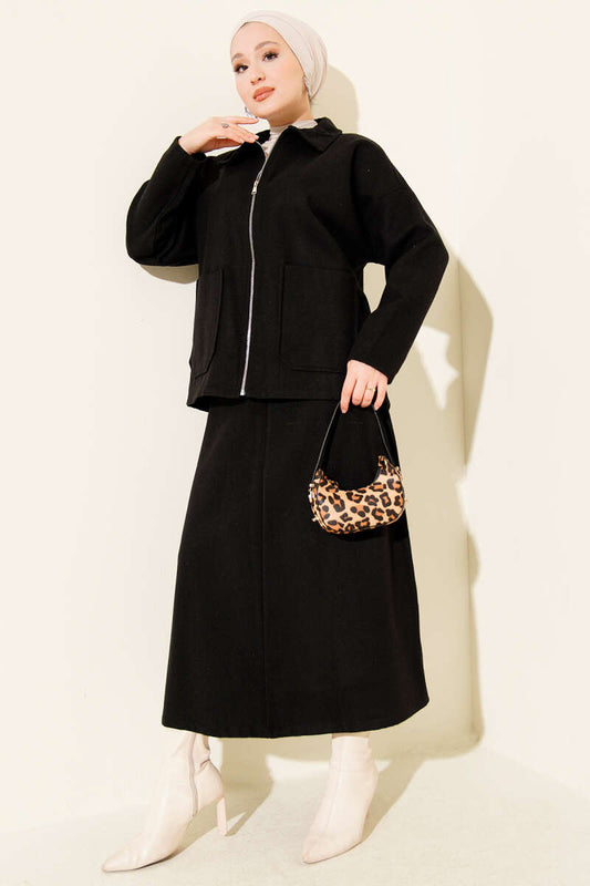 Ensemble deux pièces avec jupe en lainage à poches zippées noir