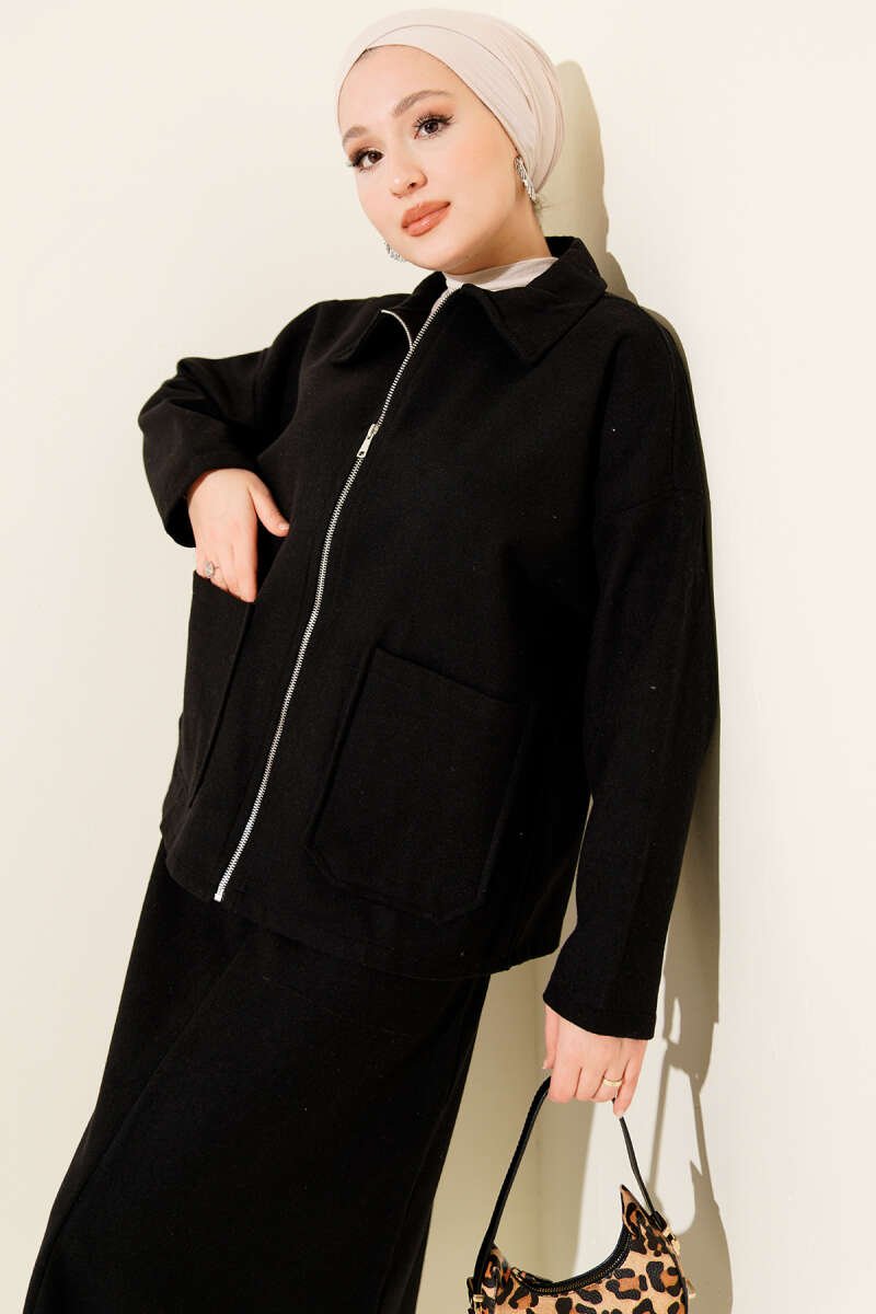 Ensemble deux pièces avec jupe en lainage à poches zippées noir