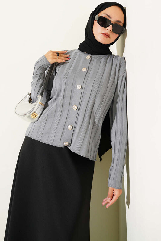 Fitilli Düğmeli Triko Hırka gri