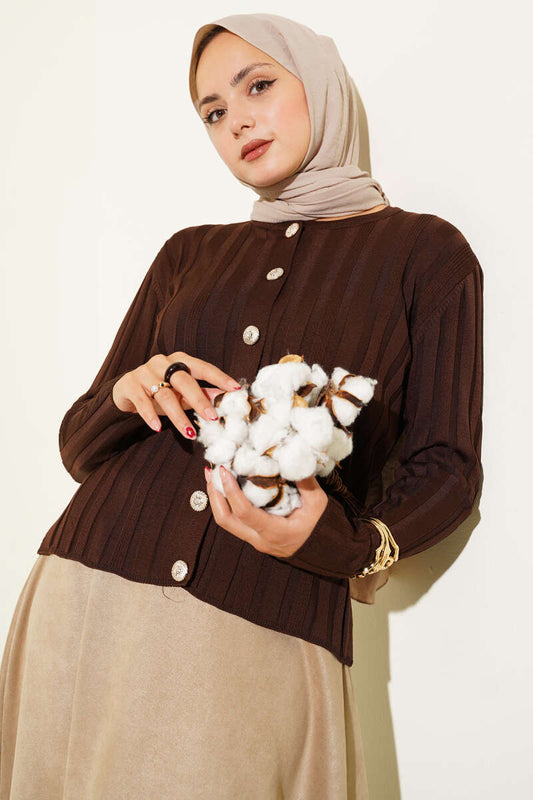 Fitilli Düğmeli Triko Hırka kahverengi