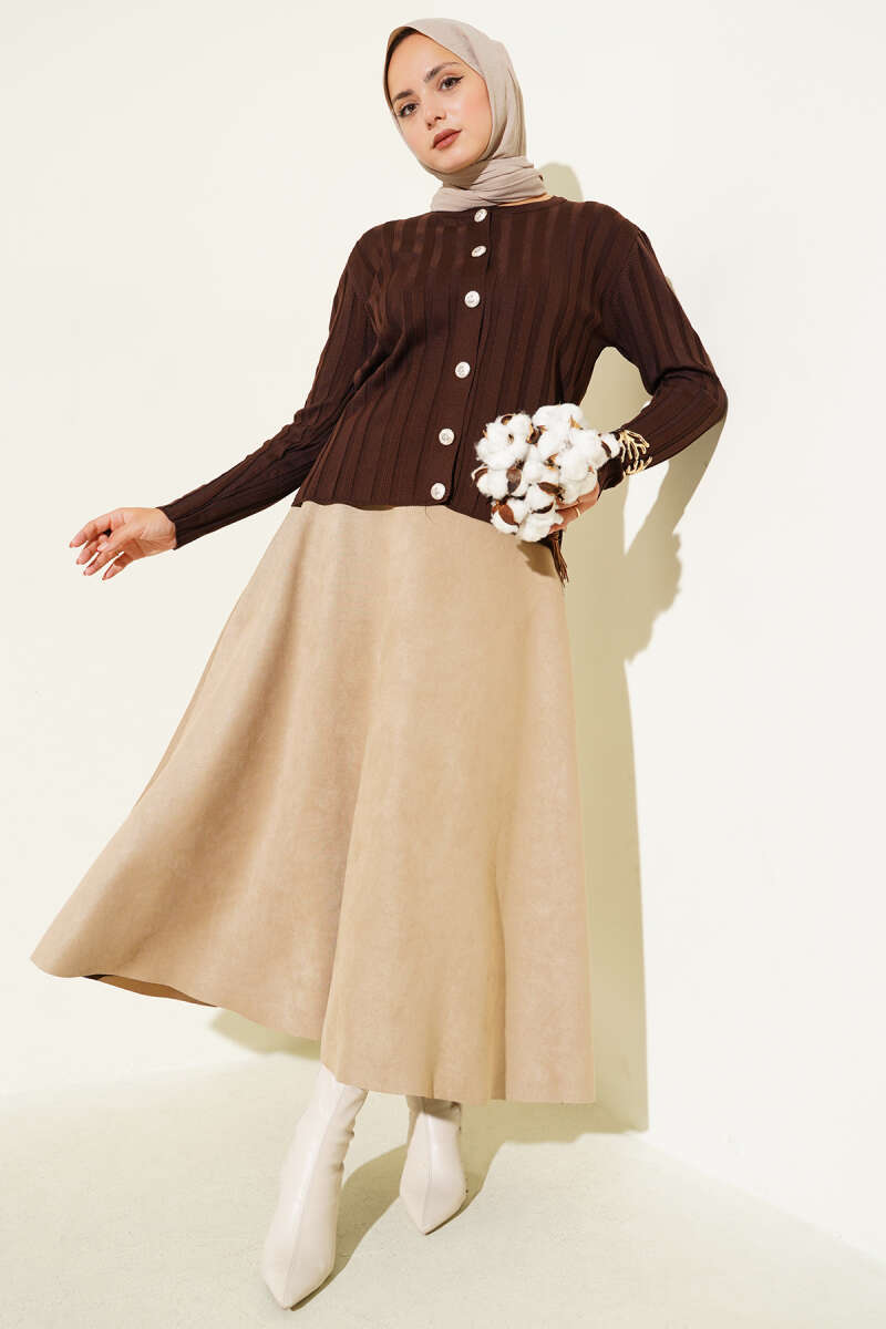 Fitilli Düğmeli Triko Hırka kahverengi