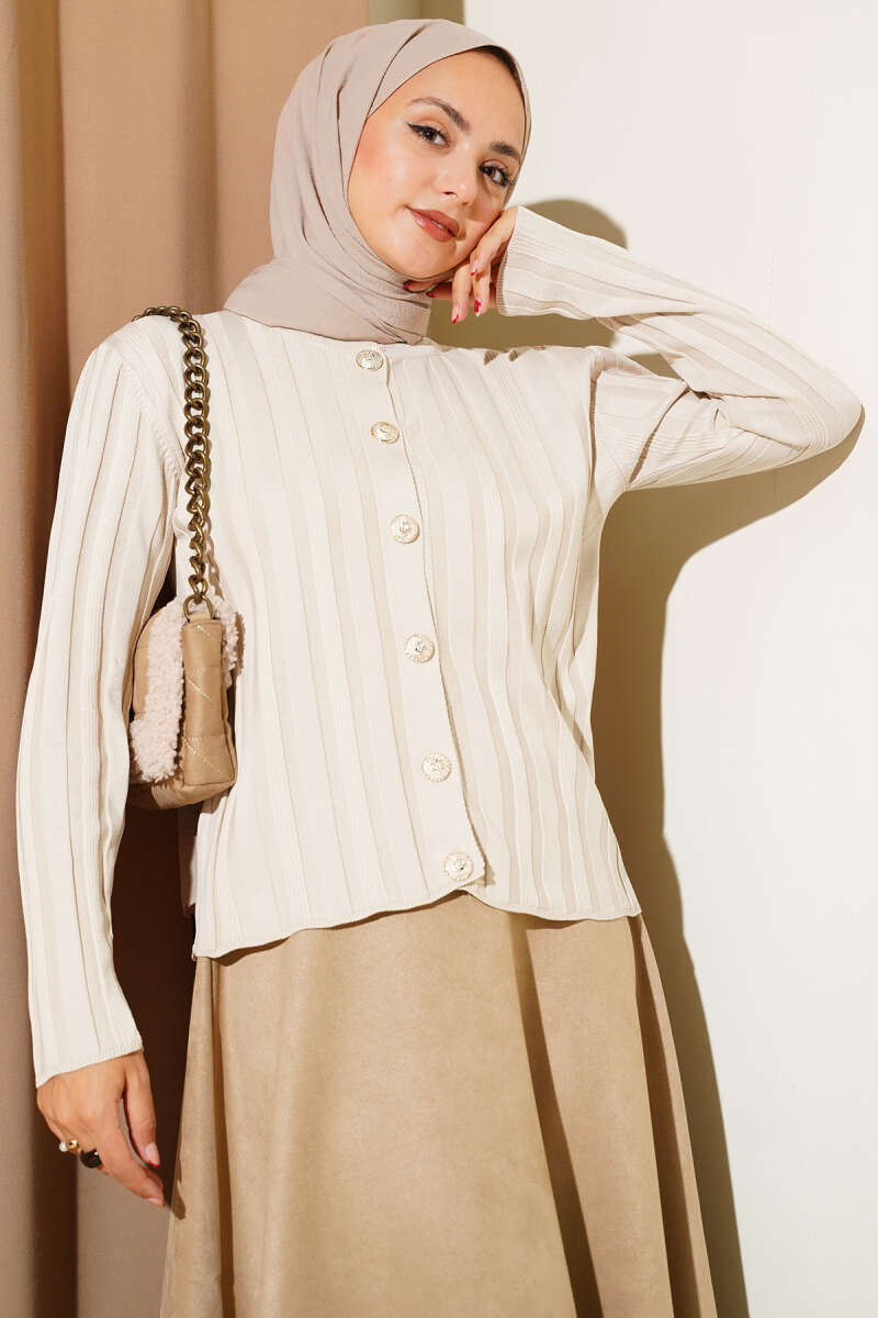 Fitilli Düğmeli Triko Hırka taş