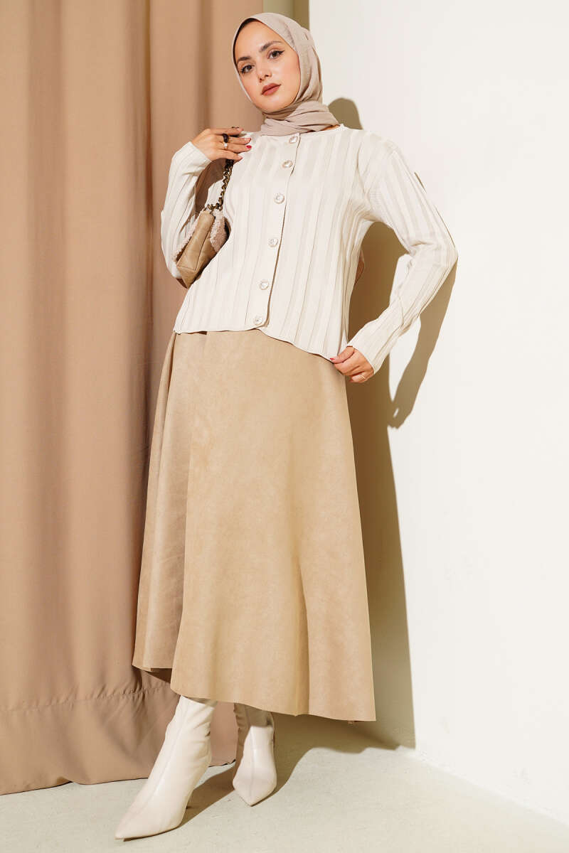 Fitilli Düğmeli Triko Hırka taş