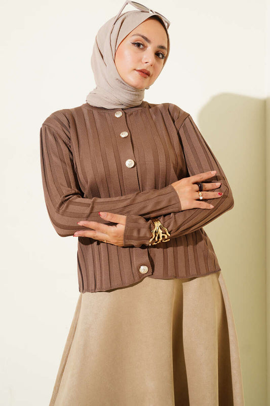 Fitilli Düğmeli Triko Hırka vizon