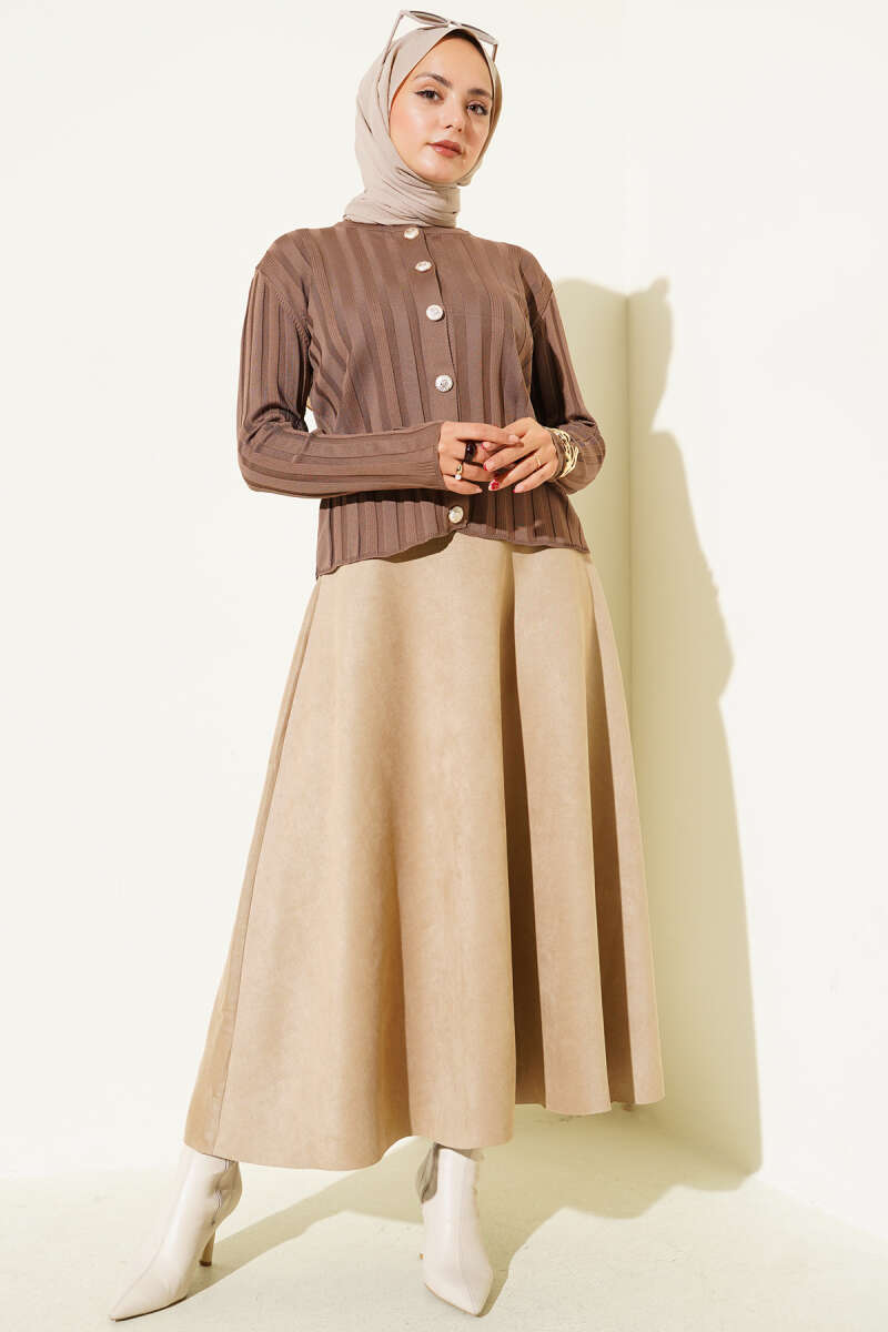 Fitilli Düğmeli Triko Hırka vizon