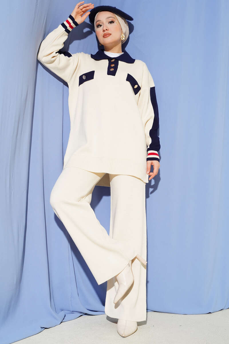 Gömlek Yaka Düğmeli Triko İkili Takım ekru