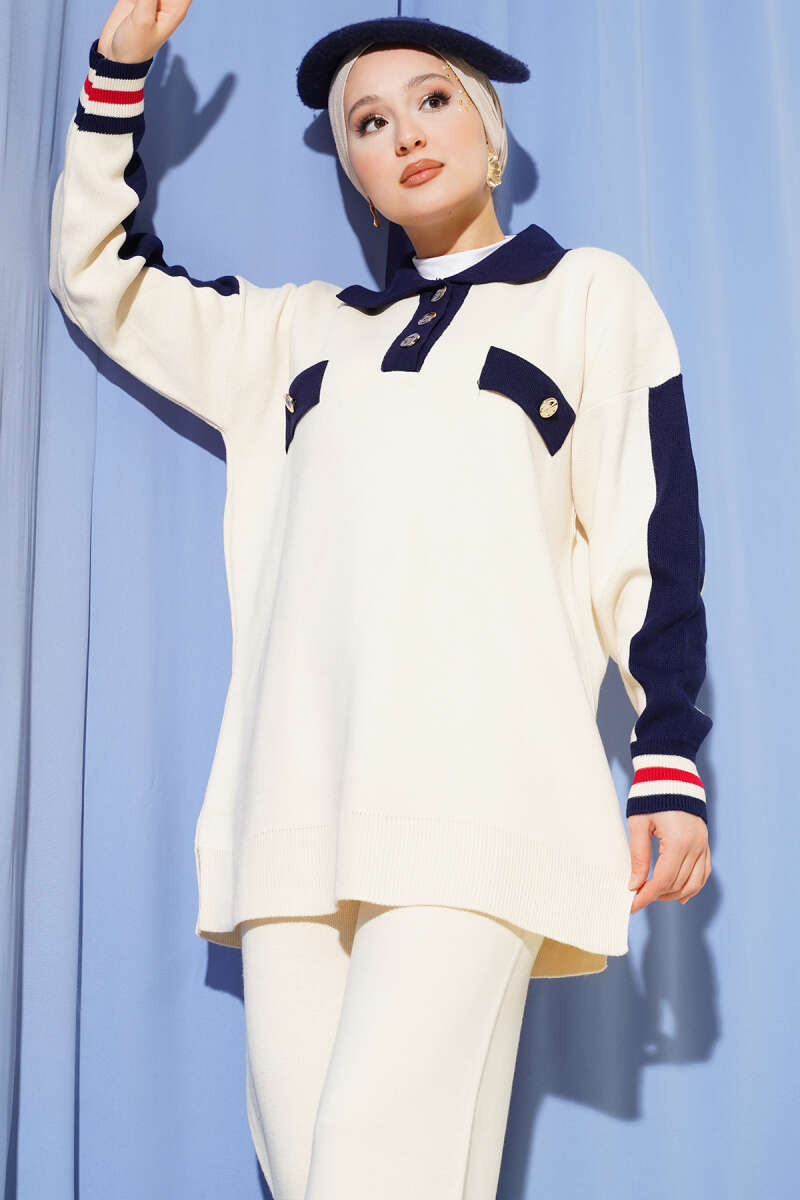 Gömlek Yaka Düğmeli Triko İkili Takım ekru